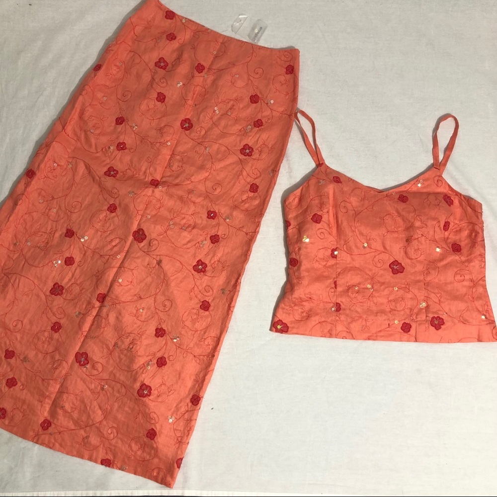 Linen 2 piece pink with detail skirt & top